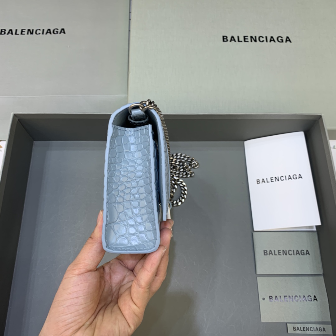 Balenciaga Small Hourglass Wallet With Chain Crocodile Embossed Shoulder Bag Light Blue